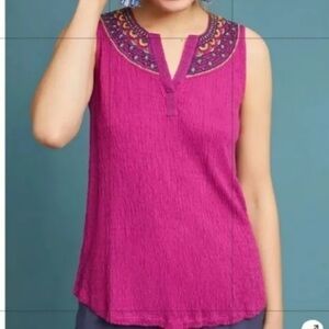 Anthropologie Akemi + Kin Magenta V-Neck Embroidered Sleeveless Boho Tank Top XL